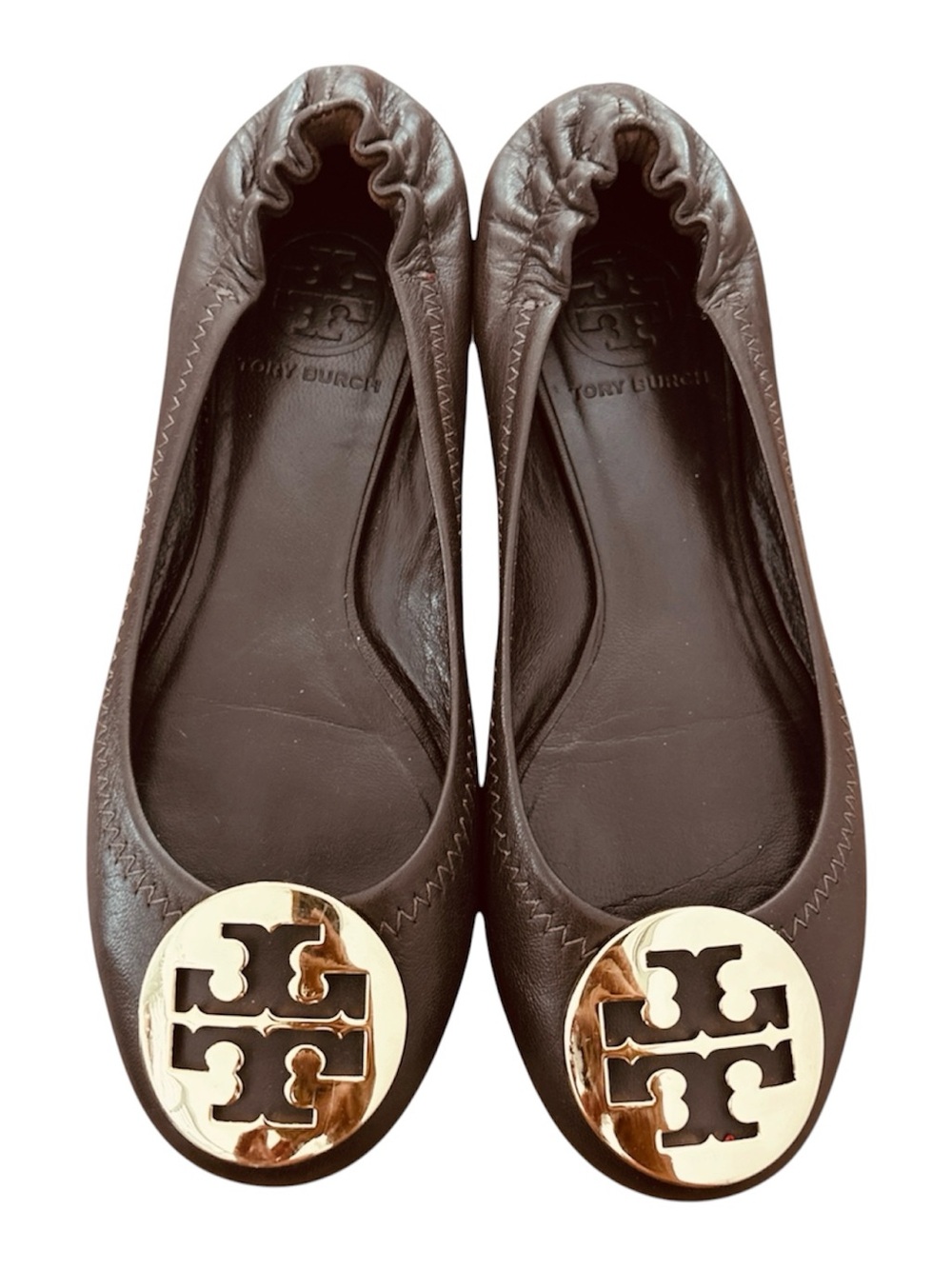 Tory Burch Brown Leather Reva Ballet Flats with Gold Logo